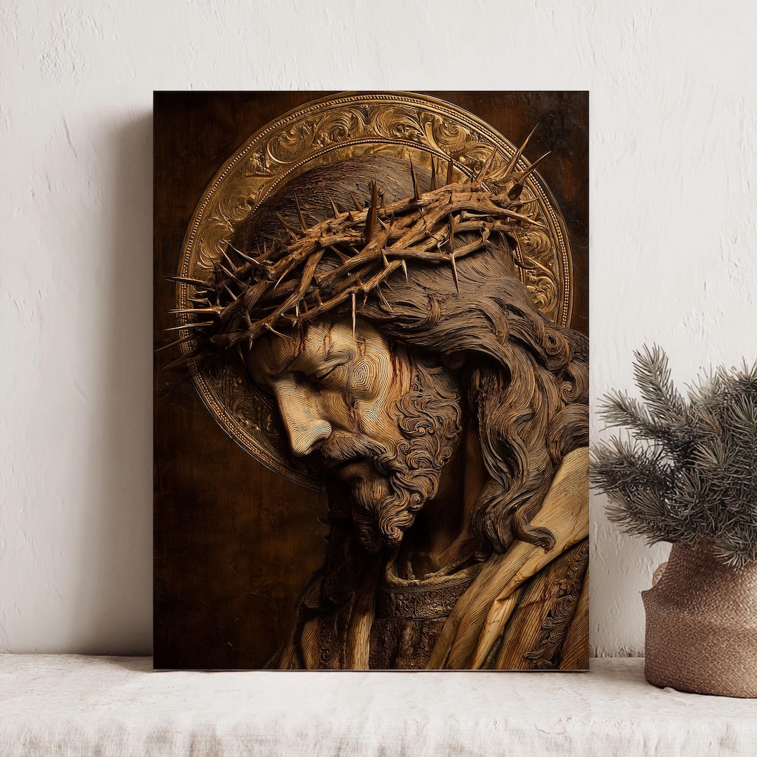 Jesus Crown of Thorns Wall Art, Religious Gold Style Canvas Fabric ...