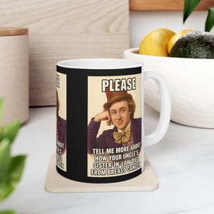 Lustiger Krebsüberlebender Becher, erzähl mir mehr, Meme sarkastisches Brustkrebs-Bewusstseinsgeschenk 11 Unzen Kaffeetasse, witziger Keramikbecher - lustig