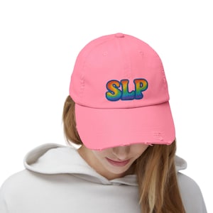 Colorful SLP Hat Embroidered Rainbow Speech Language Pathologist Cap, Pink Distressed Baseball Hat, Gift for SLP , Speechie Hat