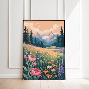 Wildflower Meadow and Mountain Poster  Mountain Scenery Art Print Vintage Landscape Print Printable Wall Art Nature Print Art