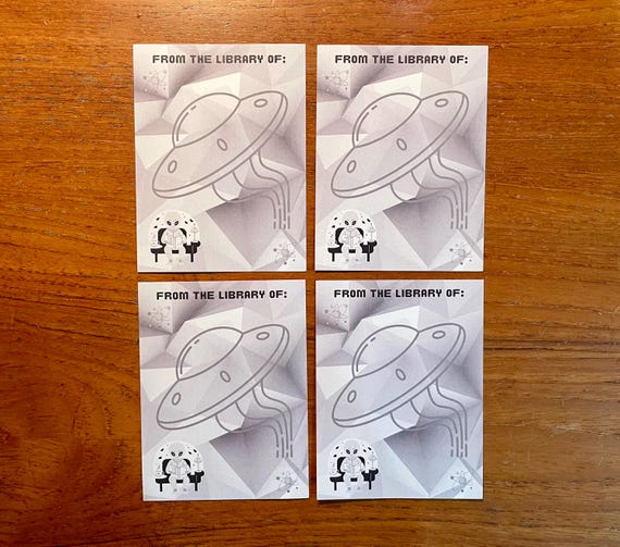 Ex Libris Bookplate Sticker UFO & Reading Alien Sketchbook Label Junk Journaling Personal Library