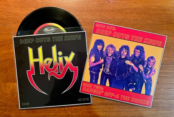 Helix - Deep Cuts The Knife 7" 45 RPM Single 1985 Vinyl Record w/Custom Sleeve Canadian Hard Rock