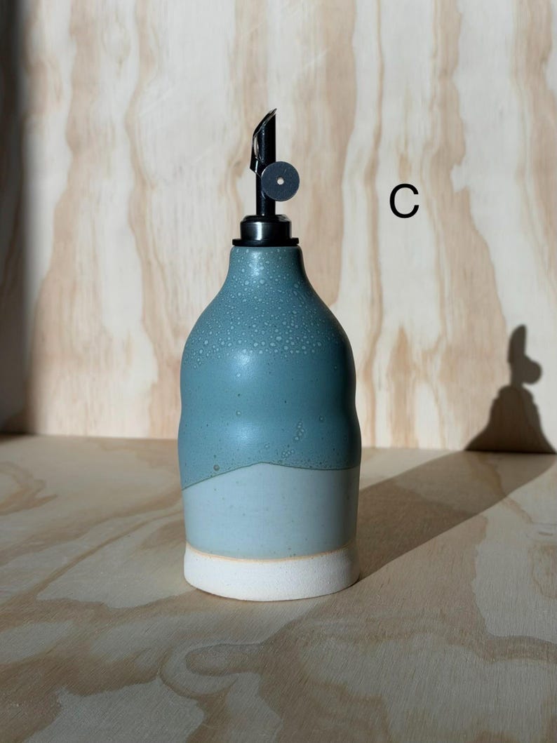 olive oil bottle, syrup dispenser, handmade oil cruet blue rain 12oz (C)