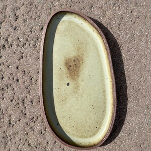 May include: An oval ceramic tray with a light sage green interior glaze featuring dark brown speckles and a central mottled brown patch. The tray has a raised, dark brown, textured rim that contrasts with the smooth, lighter-colored center.
