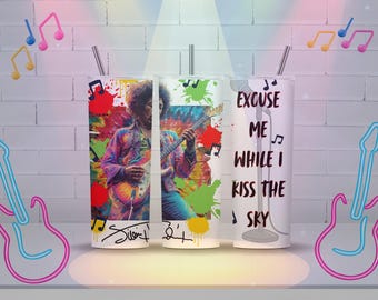 Jimi Hendrix 20oz tumbler with vibrant tie dye colors and copied digital signature