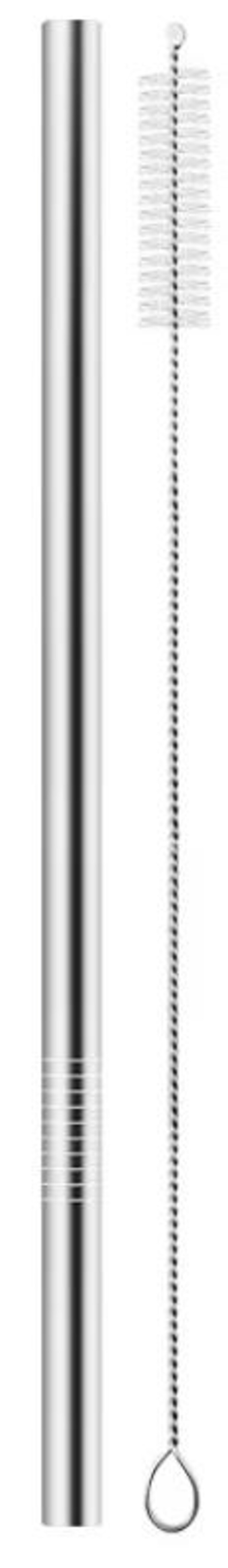 May include: A stainless steel reusable drinking straw with a cleaning brush. The straw is cylindrical with a series of horizontal lines near the bottom. The brush has white bristles and a loop at the end.
