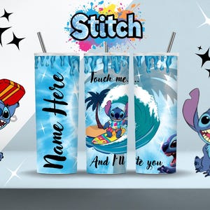 May include: A set of three blue and white insulated tumblers featuring the character Stitch from Lilo & Stitch. One tumbler has the text "Name Here", while the others have Stitch surfing and the text "Touch me. And I'll bite you."
