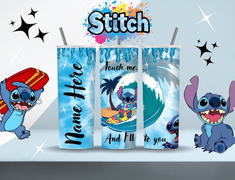 May include: A set of three blue and white insulated tumblers featuring the character Stitch from Lilo & Stitch. One tumbler has the text "Name Here", while the others have Stitch surfing and the text "Touch me. And I'll bite you."