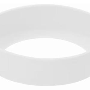 May include: A solid white, circular silicone bracelet. The bracelet is a simple, minimalist design, with a smooth, matte finish. The band is approximately 1 inch wide.