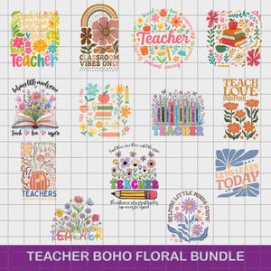Retro Boho School Teacher Png Bundle, Boho Teach Png, Cute Teacher Appreciation Png, Inspirational Boho Wildflowers Png, Digital File