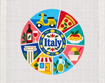 taly Needlepoint Canvas, Hand Painted 18 Mesh, Italian Travel 4.5 Inch Round Mediterranean Gift