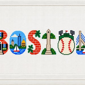 May include: A cross-stitch embroidery pattern spelling BOSTON. The B is a red brick building, O is a city skyline with a sailboat, S is red brick with green leaves, T is a tall monument, O is a baseball, and N is a bridge over water.