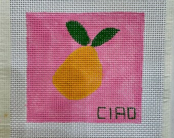 Ciao Pear Needlepoint Canvas, Hand-Painted 13 Mesh, Pink Fruit Design, Colorful Kitchen Decor