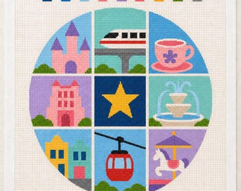 Könnte beinhalten: Ein quadratisches Stickbild mit einem kreisförmigen Raster aus neun bunten Symbolen, darunter ein rosa Schloss, eine Einschienenbahn, eine Teetasse, ein gelber Stern, ein Brunnen, Gebäude, eine rote Seilbahn und ein Karussellpferd.