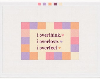 Overthinker Quote Needlepoint Canvas, Hand-Painted 18 Mesh Pastel Gingham Design
