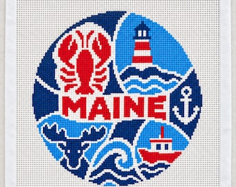 Maine Needlepoint Canvas, Hand Painted 18 Mesh, 4 Inch Round Coastal Lobster Lighthouse Ornament, New England Stitching Gift