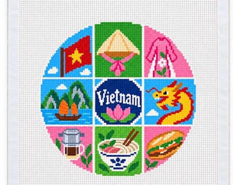 Vietnam Needlepoint Canvas, Hand Painted 18 Mesh, 4 Inch Round Vietnamese