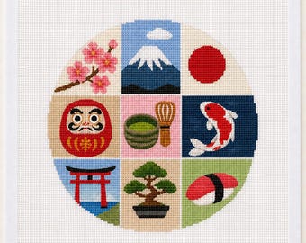 Japan Needlepoint Canvas 18 Mesh Ornament, Japanese Travel Gift, Mt Fuji Cherry Blossom Sushi