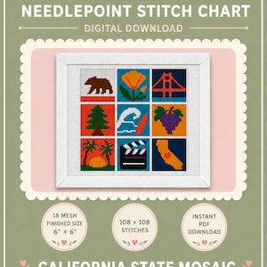Schema per ricamo a punto croce con la statua della California, formato PDF, 18 maglie, download digitale.