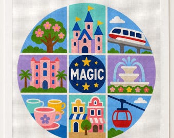 Orlando Theme Park Needlepoint Canvas, Hand Painted 18 Mesh, Travel Ornament, Castle Monorail Vacation Keepsake