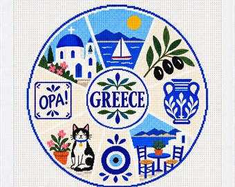 Greece Needlepoint Canvas, 18 Mesh Greek  Islands Travel 4.5 Inch Round Mediterranean