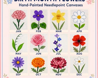 Könnte beinhalten: Ein Raster aus zwölf handbemalten Stickleinwänden mit der Überschrift Birth Month Flowers. Jedes Quadrat zeigt eine spezifische Blume für einen Monat von Januar bis Dezember, darunter Nelke, Veilchen, Narzisse, Gänseblümchen, Maiglöckchen, Rose, Rittersporn, Mohn, Aster, Ringelblume, Chrysantheme und Narzisse.