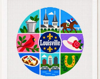 Könnte beinhalten: Ein quadratisches Stickbild mit einem kreisförmigen Design von Louisville-Symbolen, darunter ein Mint Julep, Zwillingsspitzen, ein Pferd mit Jockey, ein Kardinal, ein Hut, ein Hot Brown, eine Skyline und ein Hufeisen mit dem Text Louisville.