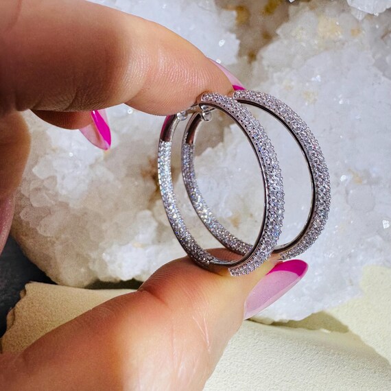 Solid 10K White Gold Micro Pave Lab Diamond Insid… - image 6