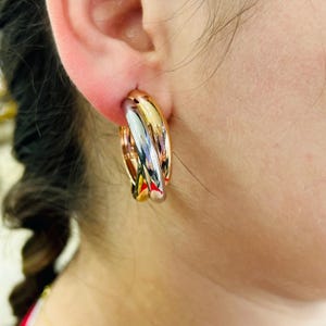 14K Tri Color White Yellow and Rise Gold C Hoop Earrings
