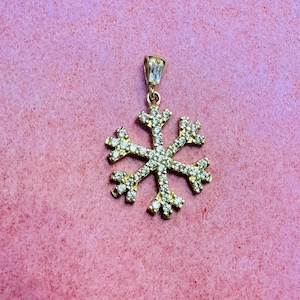 Solid 14K Yellow Gold Snowflake Charm with Crystals Pendant