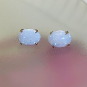 Solid 14K Yellow 9x6mm Australian Opal Oval Stud Earrings