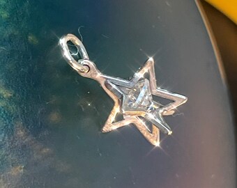 Neat! Dimensional Solid 14K White Gold 3D Star Charm Pendant with a Floating Cubic Zirconia Encased in the Center