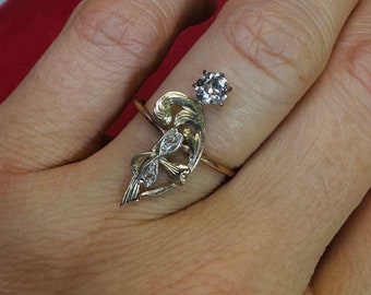 Antique Art Nouveau Mine Cut Diamond 18K Gold Romantic Swirling Flower Ring Size 5.75