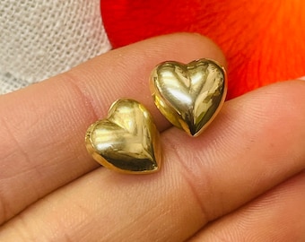 Sweet 14K Yellow Gold Puffy Heart Stud Earrings