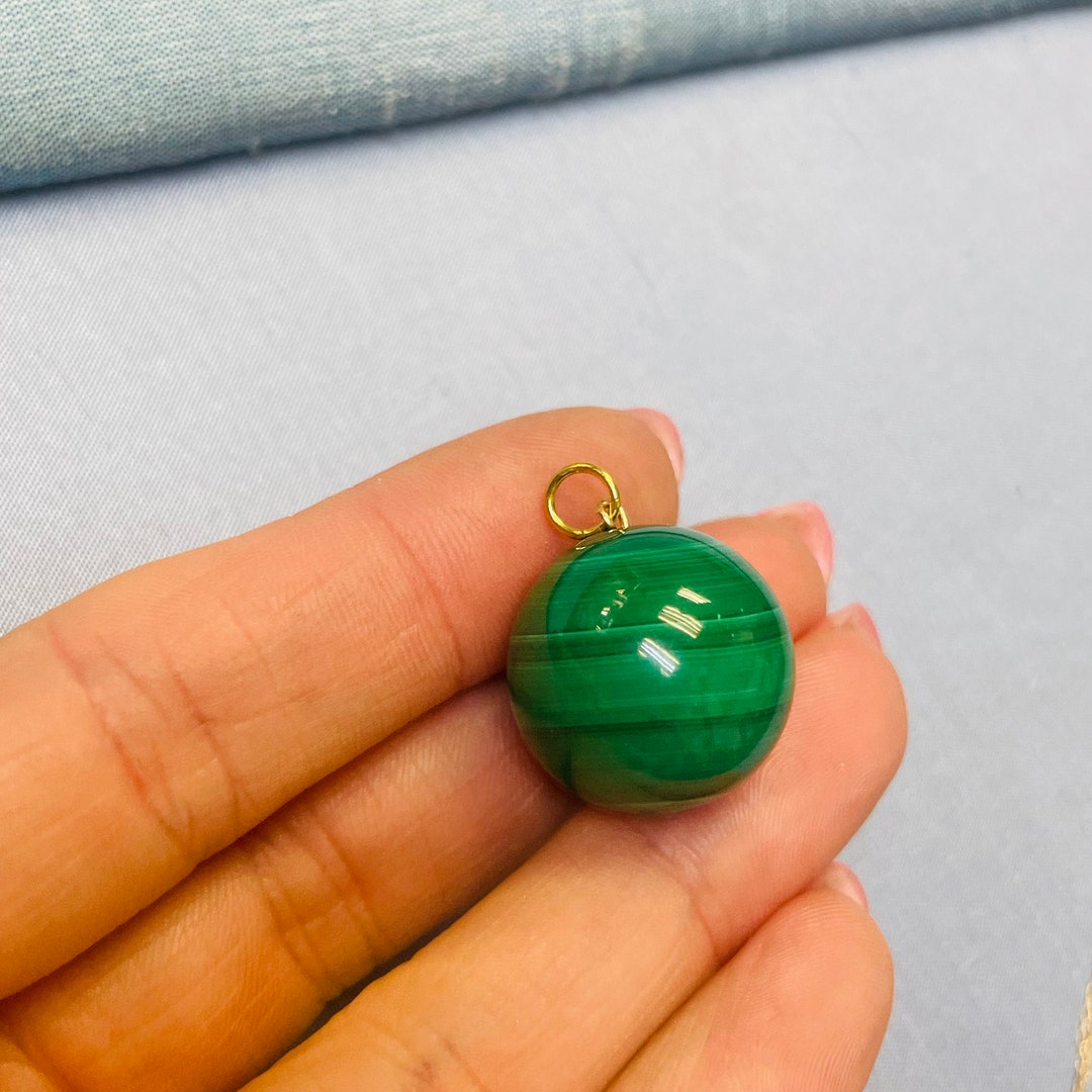 天然 20 mm マラカイト ビーズ チャーム (14K イエロー ゴールド製