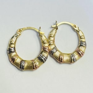 Solid 10K Rose White Yellow Gold .50&quot;  14mm Tri Tone Bamboo Hoop Earrings