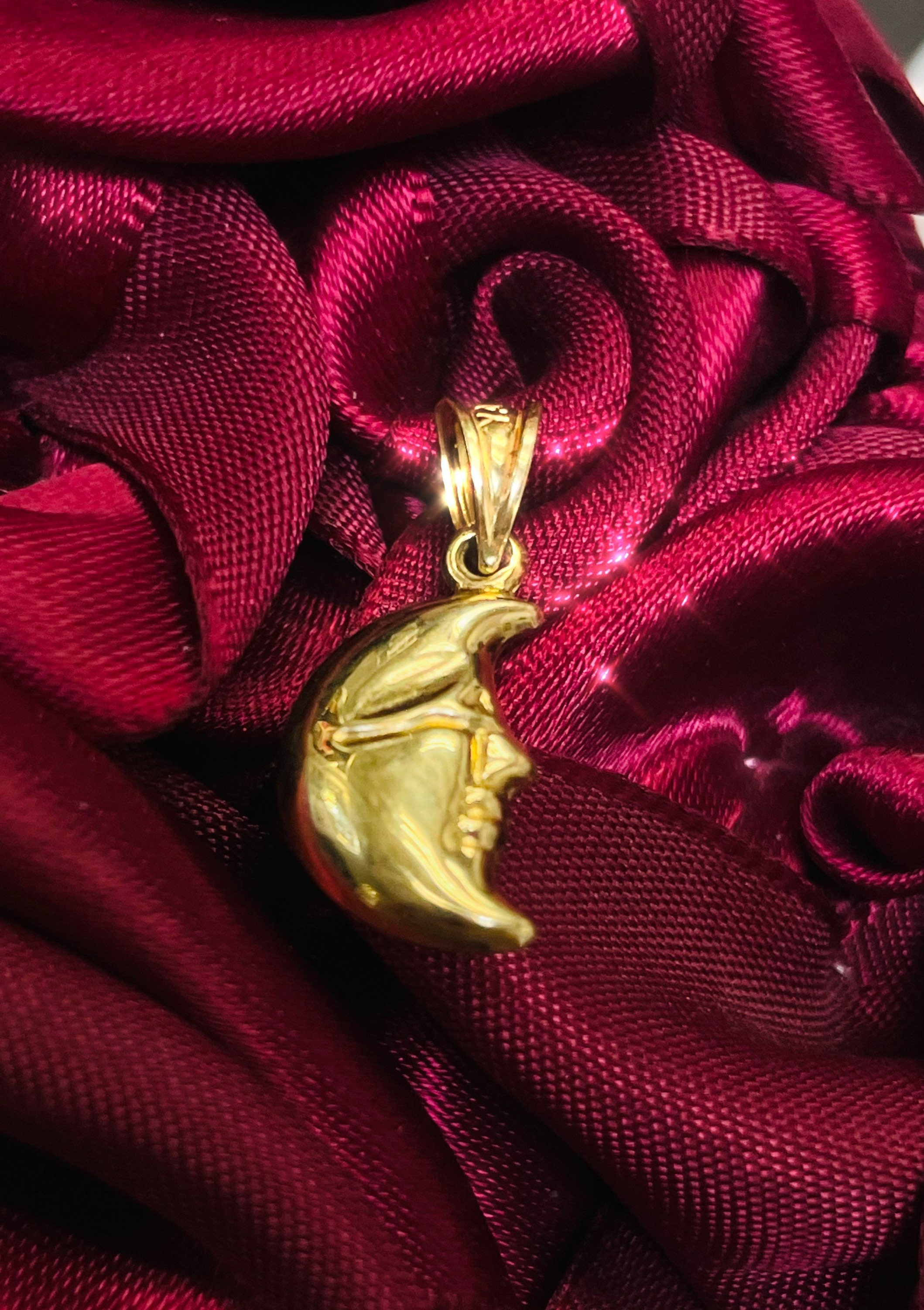 14K Yellow Gold Puffy Moon Face Charm Pendant (22x8mm)