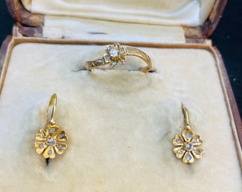 The Sweetest Antique Victorian 18K Yellow Gold and diamond Ring and Earring Set