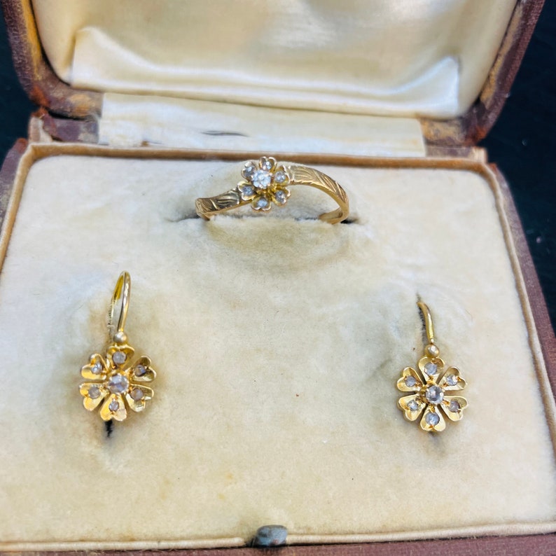 The Sweetest Antique Victorian 18K Yellow Gold and diamond Ring and Earring Set image 1