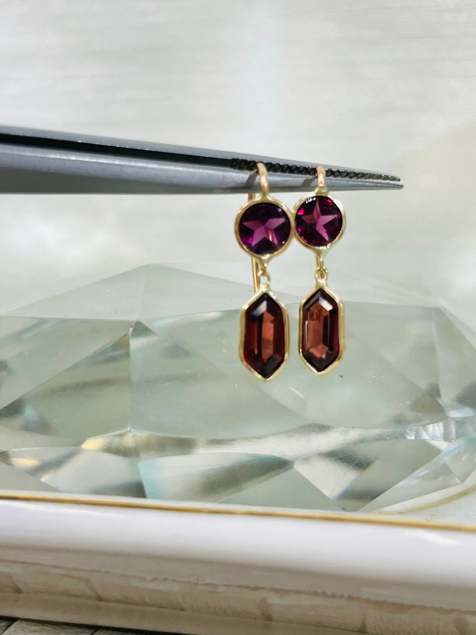 Vivid Rhodolite Purple Star and Red Hexagon Garnet Drop Earrings in ...