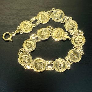 Solid 14K Yellow Gold Round Religious Christian All Saints Medallion Charm Bracelet 8.5”