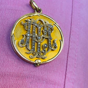 Gorgeous Heavy Circular Antique Victorian Diamond Encrusted Monogram Initial P M Locket Pendant in Solid 18K Yellow Gold