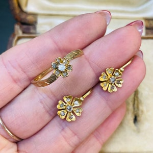 The Sweetest Antique Victorian 18K Yellow Gold and diamond Ring and Earring Set image 5