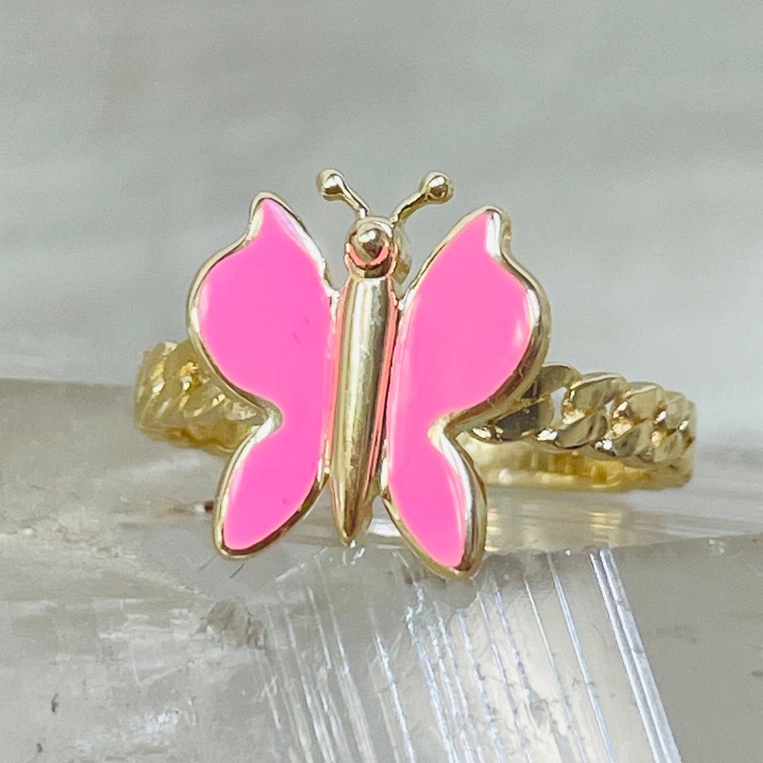 Pink Flying Rings Cute! Solid 14K Yellow Gold Hot Pink Enamel Butterfly Ring Size 7.25 - Etsy