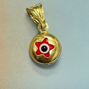 Solid 14K Yellow Gold Red Glass Evil Eye in a Star Charm