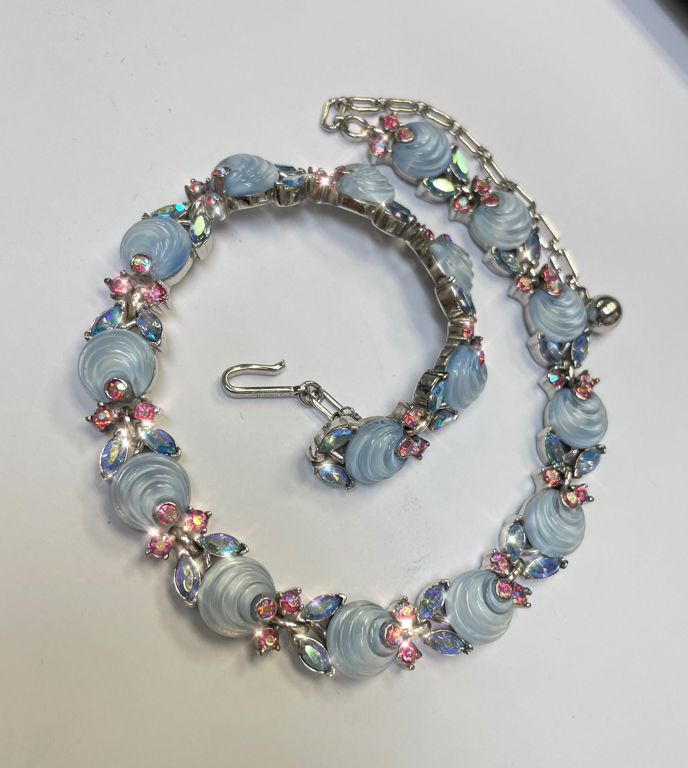 TRIFARI Pristine Condition Gorgeous Blue and Pink AB Crystal and Glass Silver Tone Rhodium Rose Necklace Collar