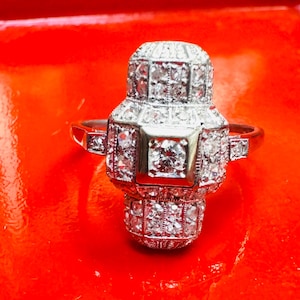 Unique! Platinum Structural Art Deco Diamond Long Ring Size 7.75