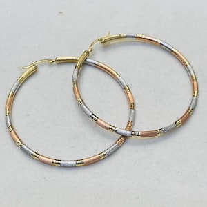 10K 2.5&quot; 3mm Tri Color Gold Hoop Earrings