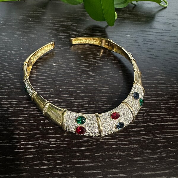 Gorgeous Retro Vintage Gold Tone and Rhinestone Colorful Collar Necklace
