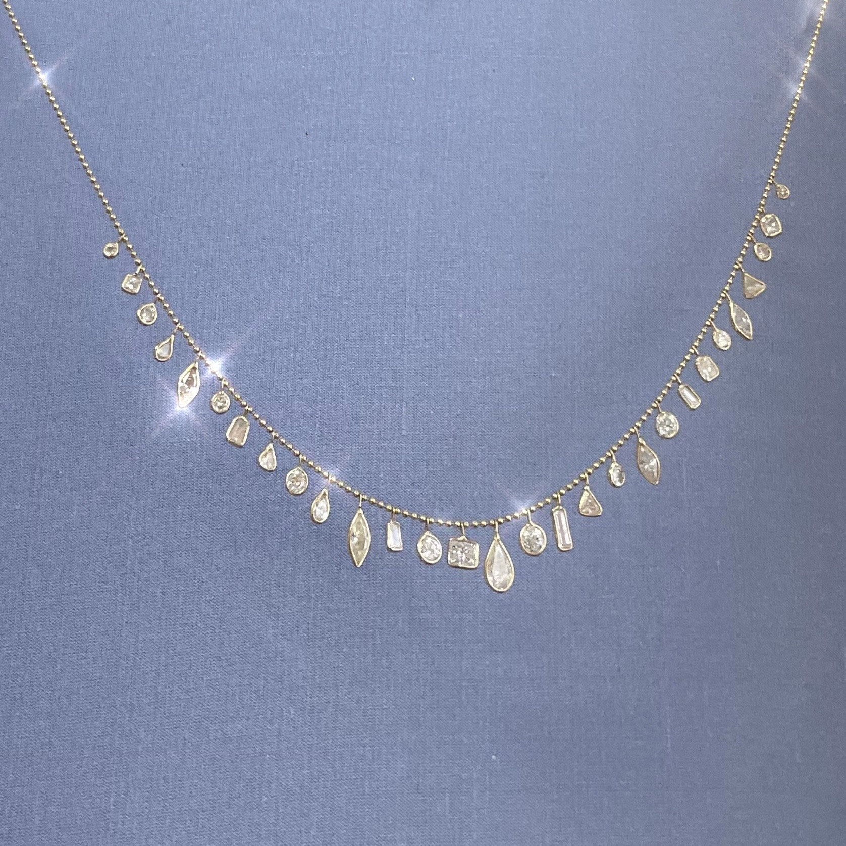 4.8CT Multi Shape Dangling Natural Diamond 16” 18K Yellow Gold Necklace Heart Pear Trillion Old Mine Cut  Marquis Emerald Princess